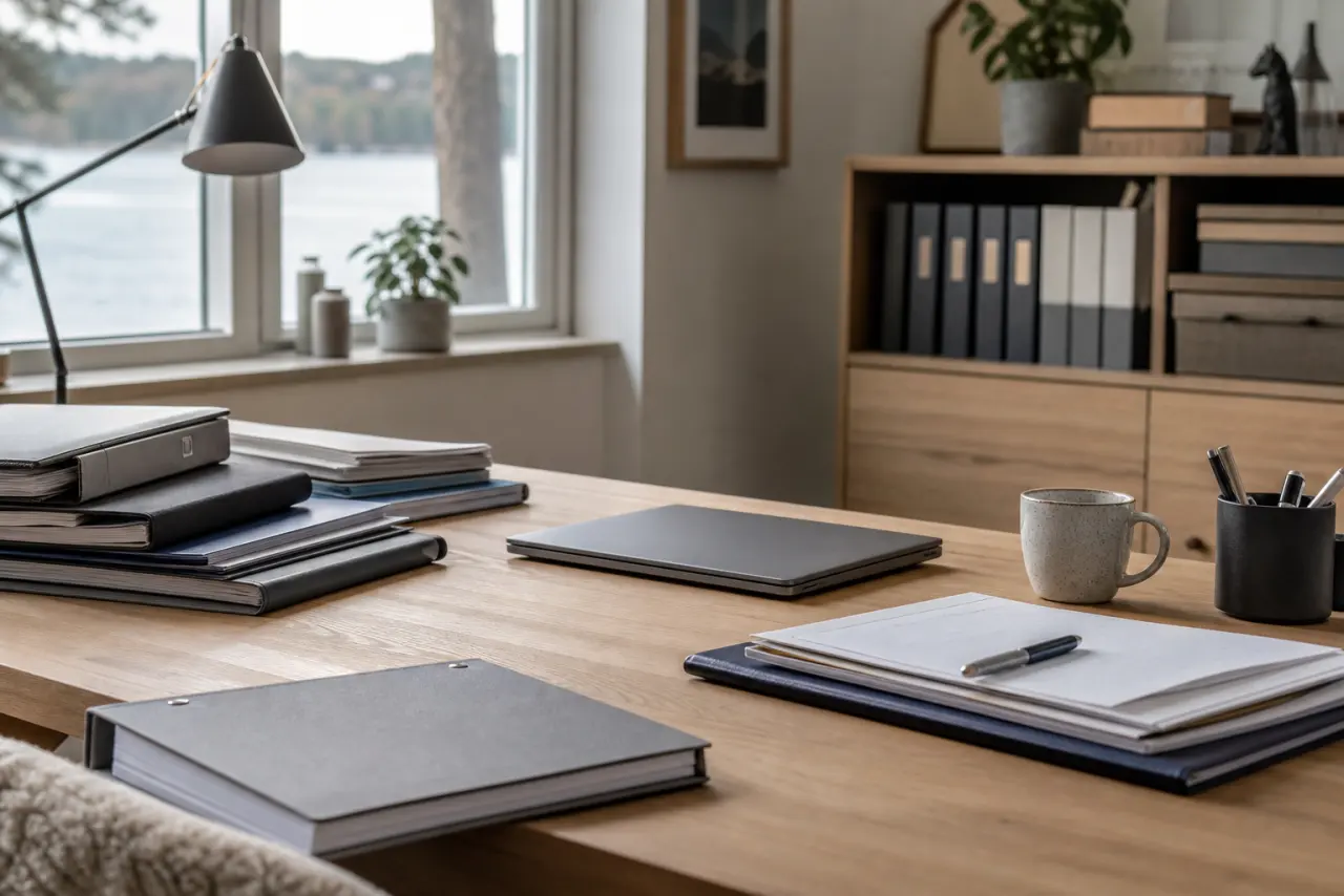 Nordisk arbetsplats med papper och laptop på ett ljust bord