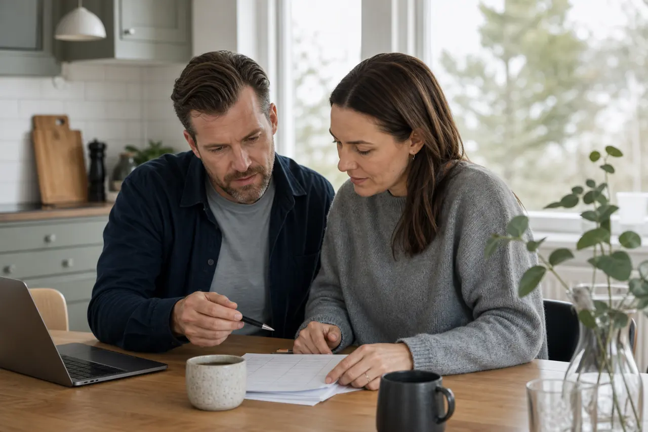Nordisk familj som går igenom dokument vid köksbordet