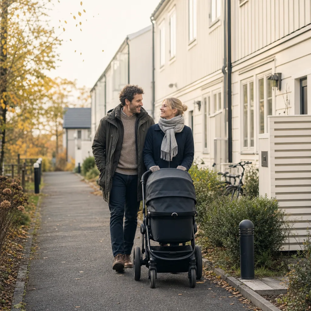 Nordisk familj som sitter vid köksbordet och går igenom försäkringspapper