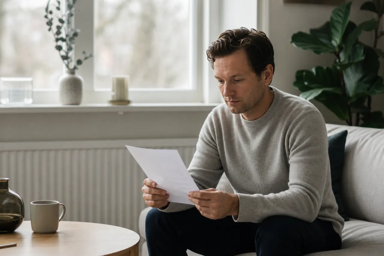 Nordisk familj som går igenom livförsäkringspapper vid köksbordet